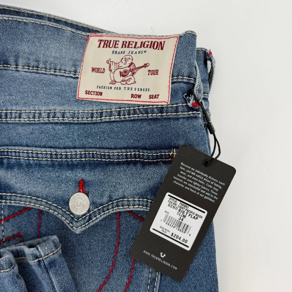 $204 NEW True Religion Geno Big T Flap Relaxed Slim Jeans Light Wash 36 34x32